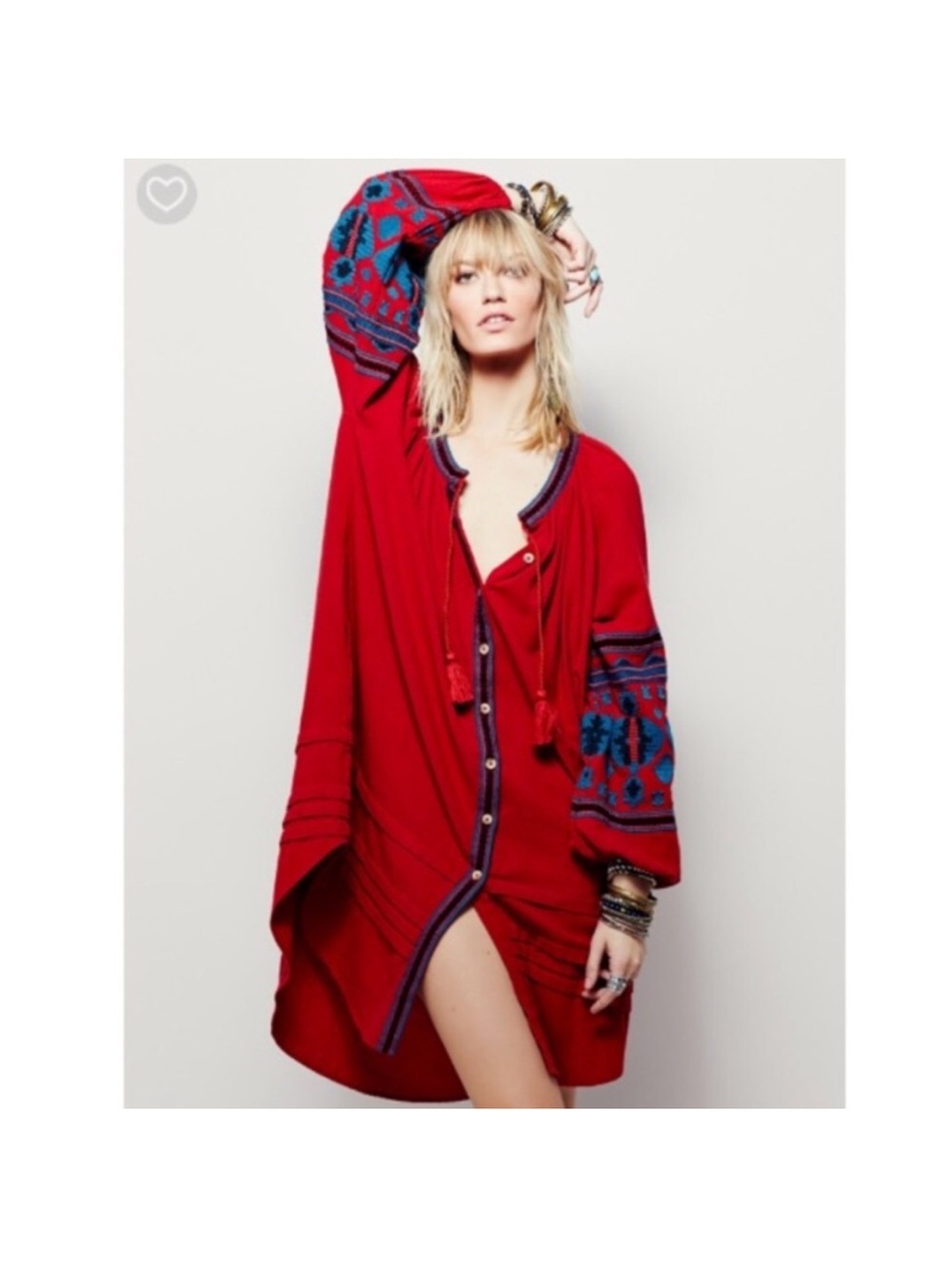 Red Embroidered Button-Down Tunic Dress free people cotton